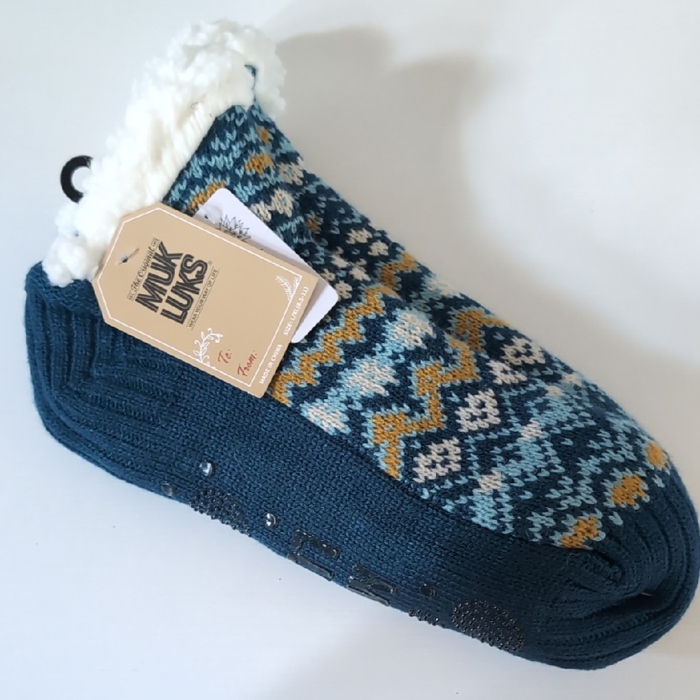 Muk Luks Teal and Cream Patterned Slipper Socks